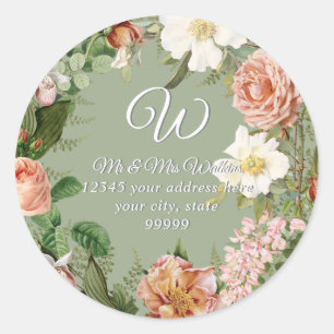 Sticker Rond Adresse de retour monogramme floral sauge corail p