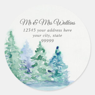 Sticker Rond Adresse de retour Monogramme Lac de montagne et Pi