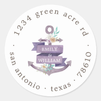 Sticker Rond adresse de retour monogramme violet à ancre floral