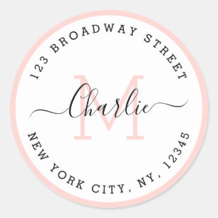 Sticker Rond Adresse de retour monographique de la bordure rose