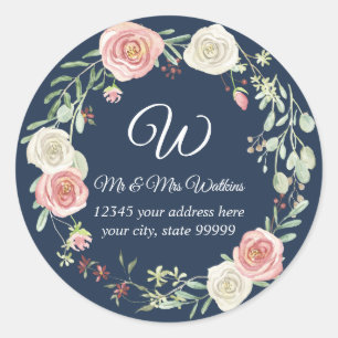 Sticker Rond Adresse de retour personnalisée Navy Blush Rose Fl