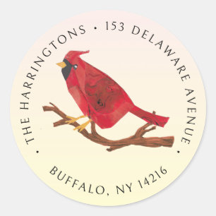 Sticker Rond Adresse de retour Retro Red Cardinal Illustré à la