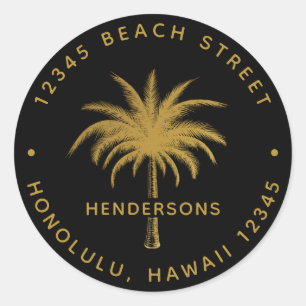 Sticker Rond Adresse de retour Tropical Palm Tree Black & Gold