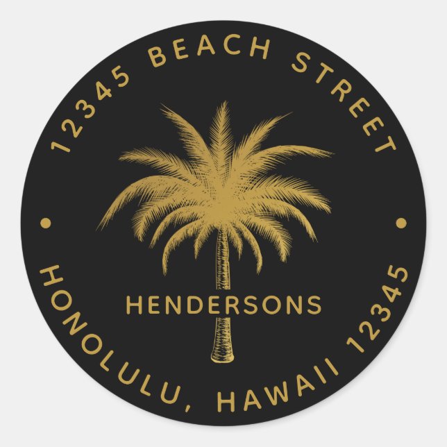 Sticker Rond Adresse de retour Tropical Palm Tree Black & Gold (Devant)
