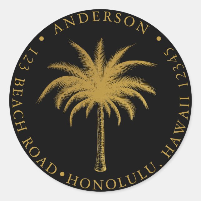 Sticker Rond Adresse de retour Tropical Palm Tree Gold & Black (Devant)