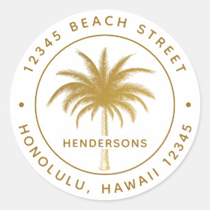 Sticker Rond Adresse de retour Tropical Palm Tree Gold Round