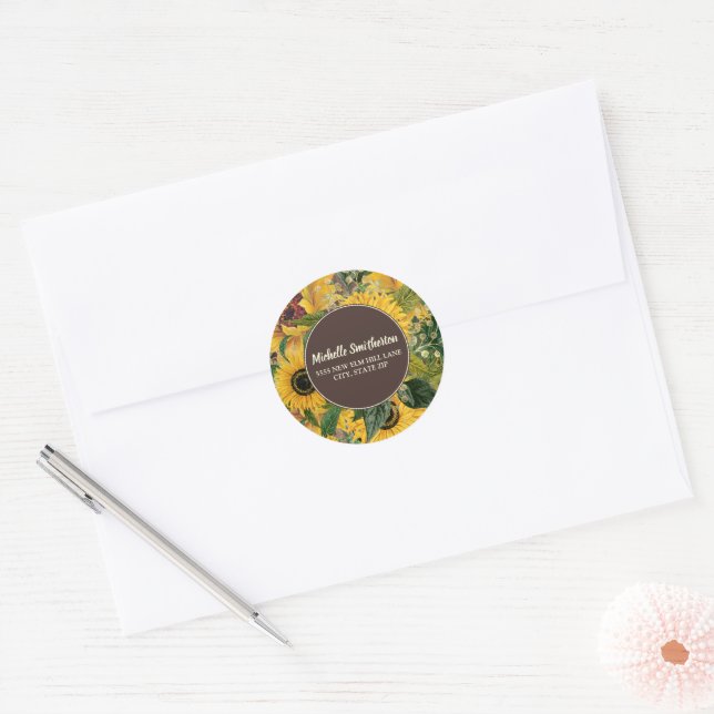 Sticker Rond Adresse de tournesol jaune rustique (Enveloppe)