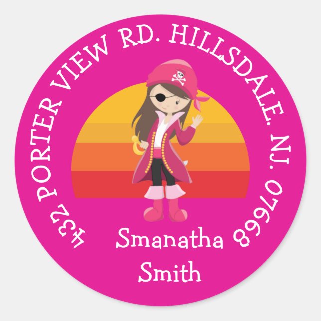 Sticker Rond ADRESSE Fille Pirate Rose (Devant)