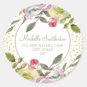 Sticker Rond Adresse Florale Rose Violet Pailletée Or