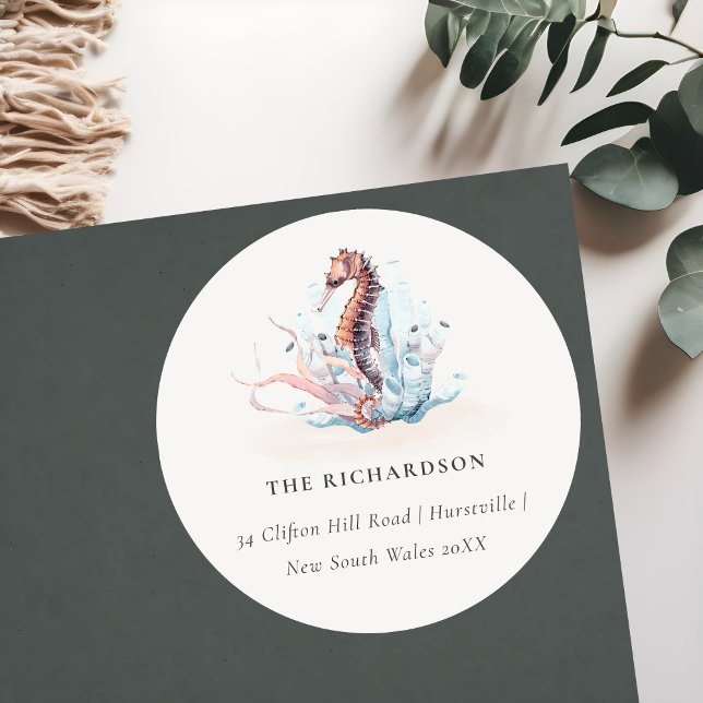 Sticker Rond Adresse hippocampe sous-marin algue corail (Créateur téléchargé)