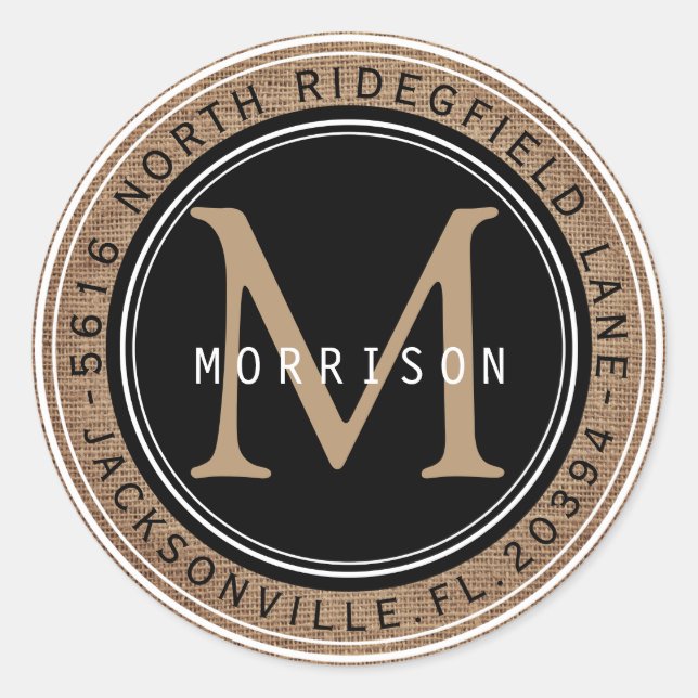 Sticker Rond Adresse, Monogramme dans un Burlap noir et tan (Devant)