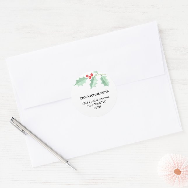 Sticker Rond Adresse personnalisée de Noël Holly (Enveloppe)