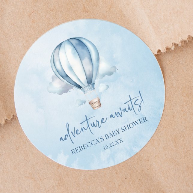 Sticker Rond Adventure Attend ! Baby shower Blue Hot Air Balloo (Créateur téléchargé)