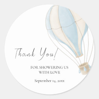 Sticker Rond Adventure Await Blue Hot Air Balloon Baby shower