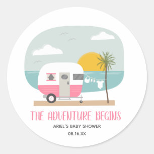Sticker Rond Adventure Pink Camper Beach Baby shower fille
