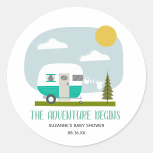 Sticker Rond Adventure Turquoise Camper Clothesline Baby shower