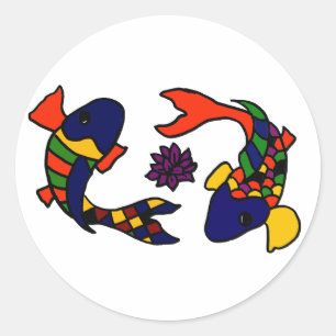 Sticker Rond AE- Caricature colorée Koi Fish Art
