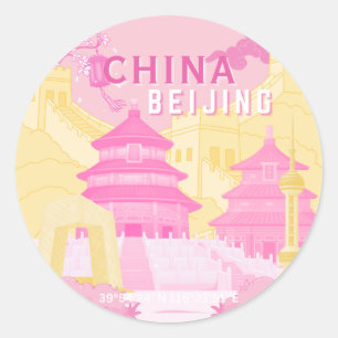 Sticker Rond Affiche de voyage à Pékin Chine Art rose et jaun