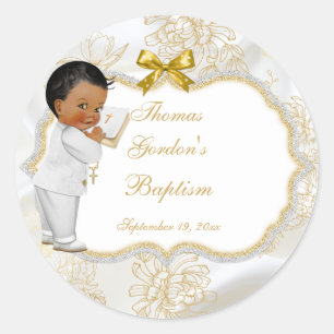 Sticker Rond African American Baby Boy Baptism Gold Cross