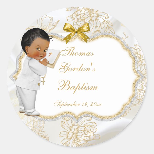 Sticker Rond African American Baby Boy Baptism Gold Cross (Devant)