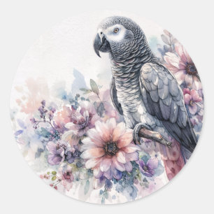Sticker Rond African Grey Parrot Fleur sauvage Portrait Art