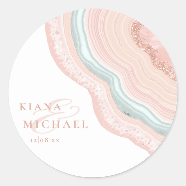 Sticker Rond Agate Geode Mariage Rose Parties scintillant Gold  (Devant)