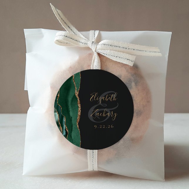 Sticker Rond Agate Geode Script Emerald Green Gold Dark Mariage (Créateur téléchargé)