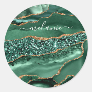 Sticker Rond Agate Green Gold Parties scintillant Geode Marbre 