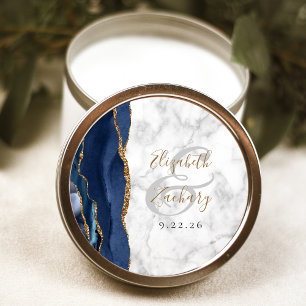 Sticker Rond Agate Marine Blue Gold Script Mariage en marbre