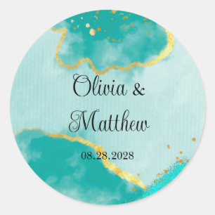 Sticker Rond Agate Turquoise et Mariage Gold Watercolor