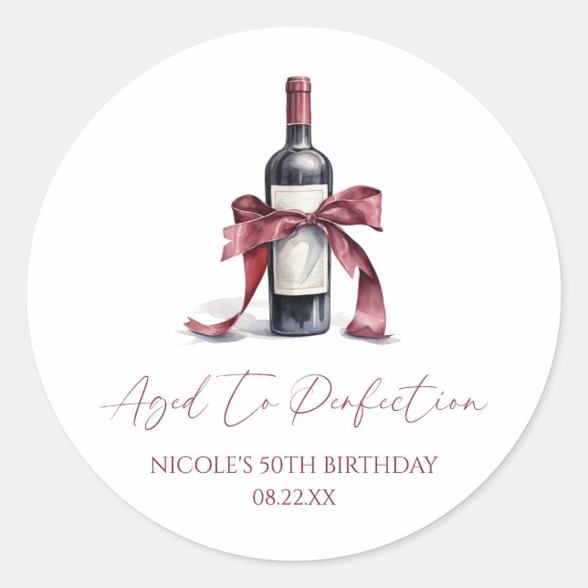Sticker Rond Aged To Perfection Red Wine Bow Birthday Party (Devant)