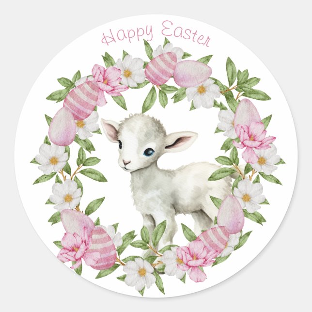 Sticker Rond Agneau de Pâques personnalisé à l'aquarelle (Devant)