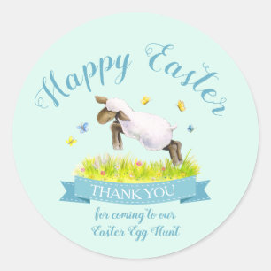 Sticker Rond Agneau de printemps mignon aqua bleu Pâques merci