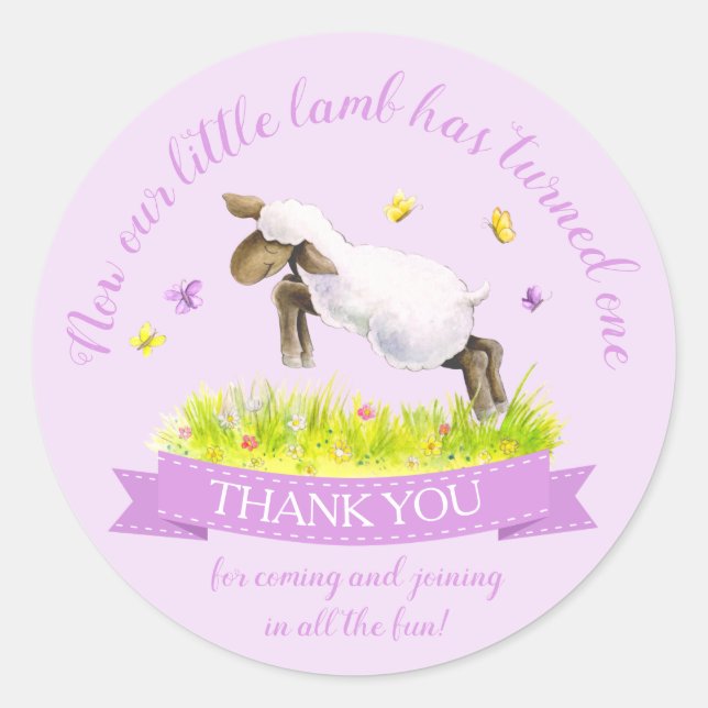 Sticker Rond Agneau de printemps mignon violet anniversaire mer (Devant)
