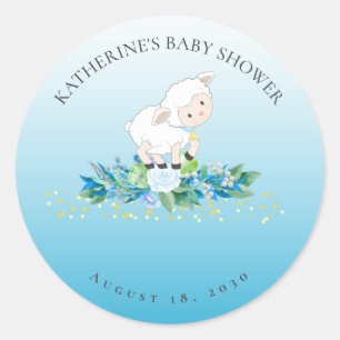 Sticker Rond Agneau mignon bleu Floral Baby shower garçon