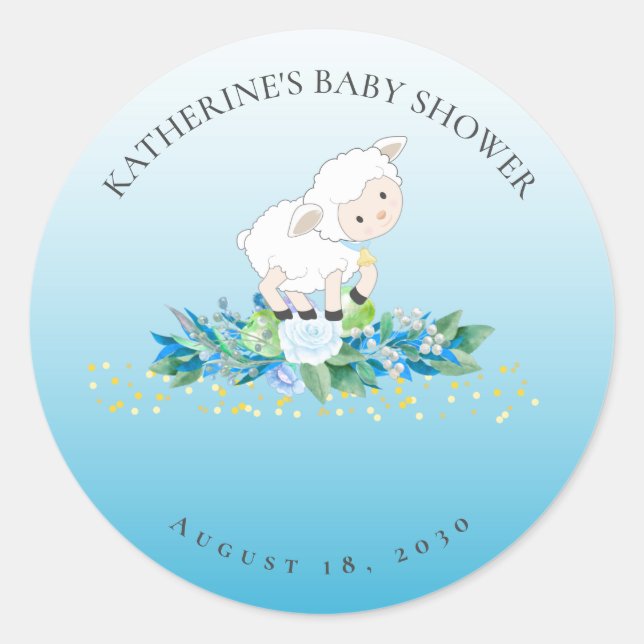 Sticker Rond Agneau mignon bleu Floral Baby shower garçon (Devant)