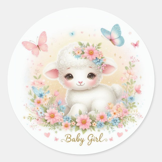 Sticker Rond Agneau mignon, papillons et fleurs (Devant)