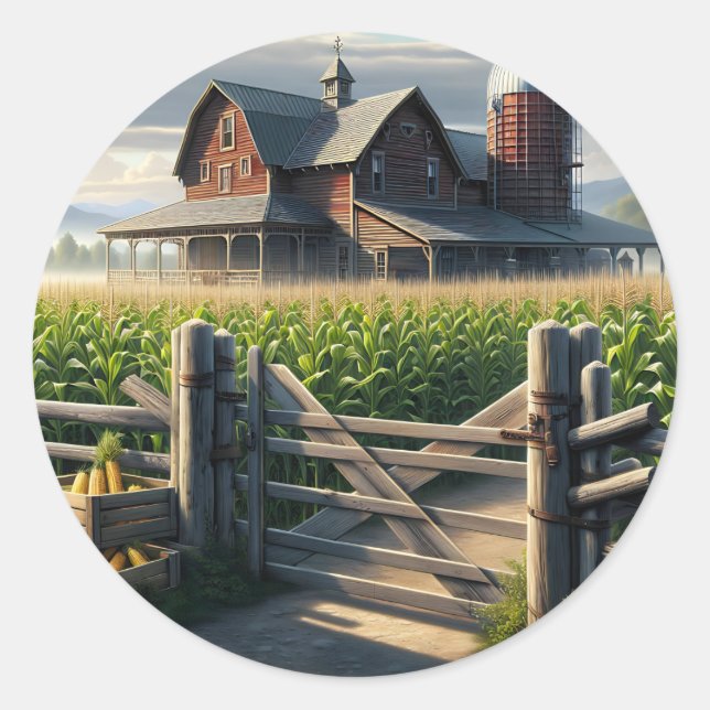 Sticker Rond Agritourisme rustique avec Cornfield Ai Art (Devant)