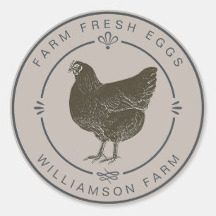 Sticker Rond Agritourisme Vintage Hen Oeufs Carton Gris Argent
