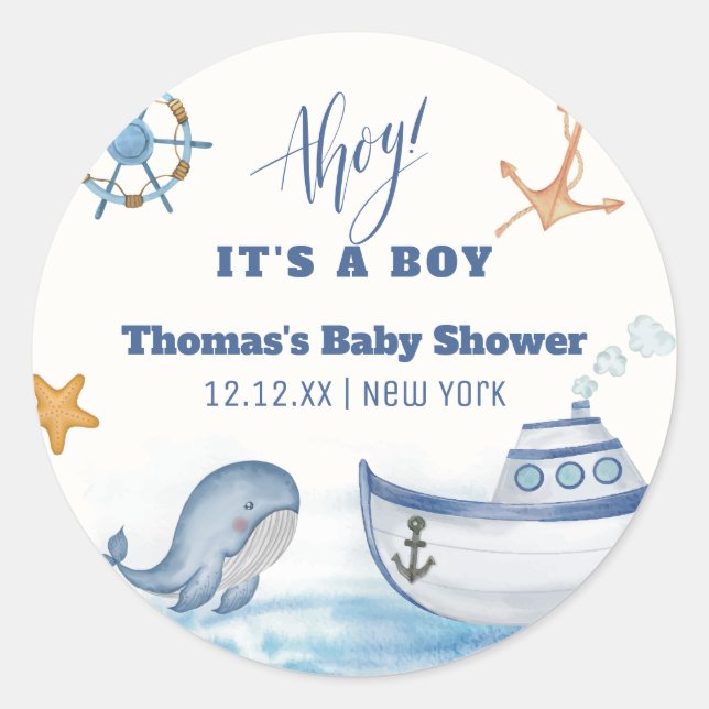 Sticker Rond Ahoy Boy Whale Baby shower de bateau à voile (Devant)