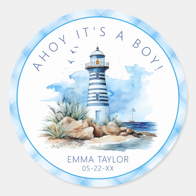 Sticker Rond Ahoy C'est un Baby shower phare nautique (Devant)
