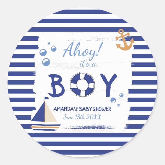 Sticker Rond Ahoy C'est un garçon ! Baby shower bleu marin (Devant)