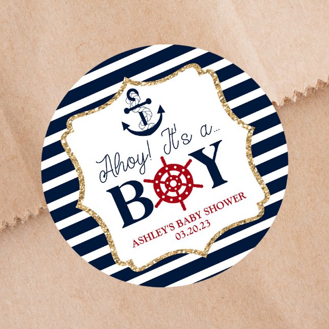 Sticker Rond Ahoy C'est un garçon Baby shower bleu nautique Fav (Créateur téléchargé)