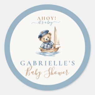 Sticker Rond Ahoy c'est un garçon ! Baby shower nautique minima