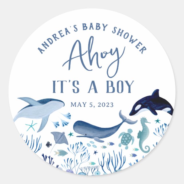 Sticker Rond Ahoy C'est un Garçon Bleu sous le Baby shower mari (Devant)