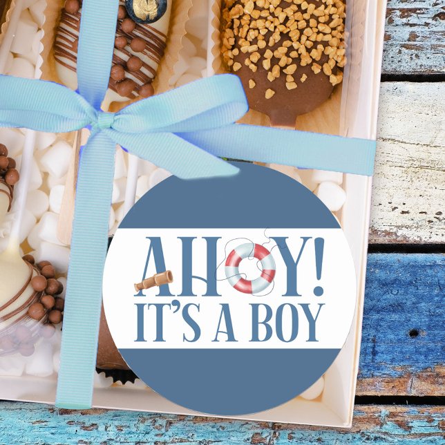 Sticker Rond Ahoy C'est un garçon Typographie Bleue (Boy baby shower stickers from my Happy Whale collection. Message if you need different items.
)