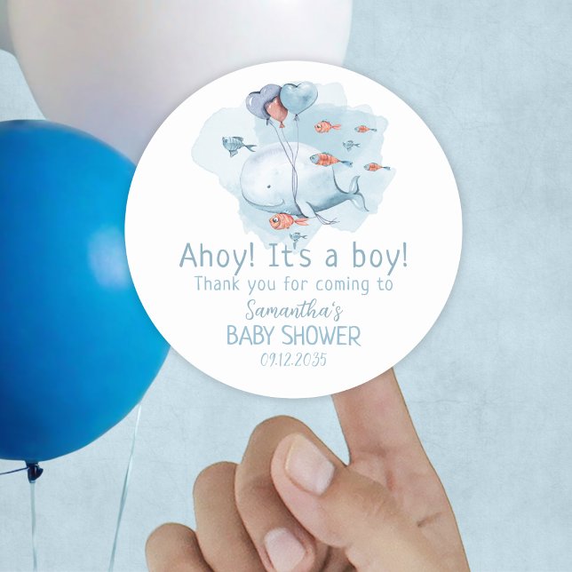 Sticker Rond Ahoy C'est un Merci de Baby shower de baleine (Ahoy It's A Boy Whale Baby Shower Thank You Classic Round Sticker
)