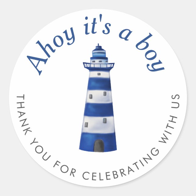Sticker Rond Ahoy C'Est Un Petit Phare | Baby shower nautique (Devant)