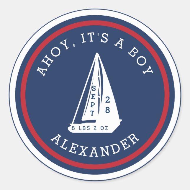 Sticker Rond Ahoy It's a Boy - Baby Red White Blue Sailboat (Devant)