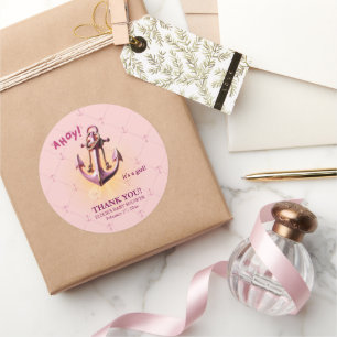 Sticker Rond Ahoy rose moderne ! Ancre Baby shower nautique